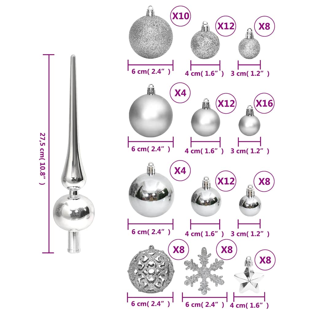Ensemble de boules de Noël argent en polystyrène – 105 pièces