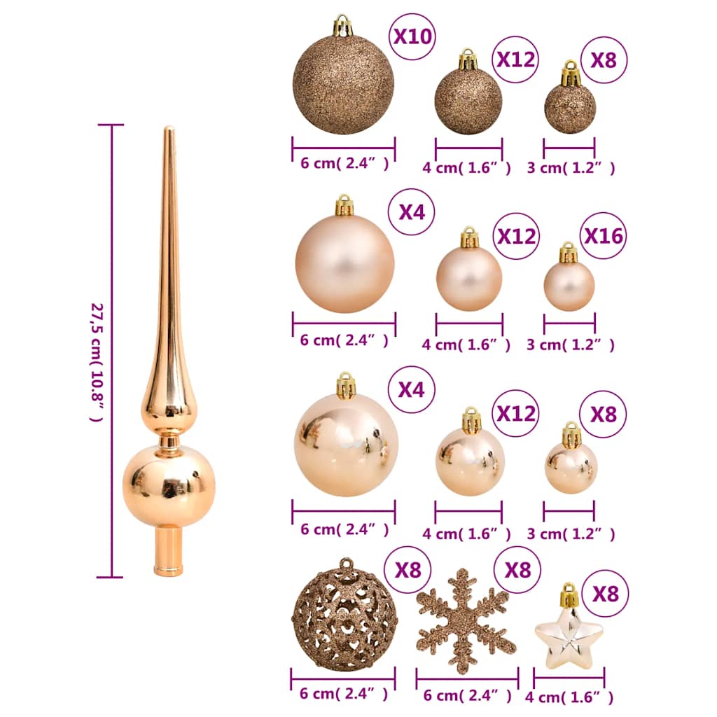 Ensemble de boules de Noël doré rose en polystyrène – 105 pièces